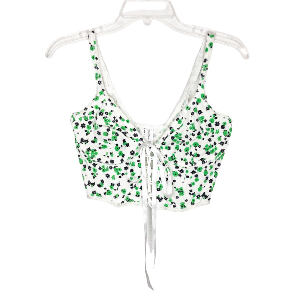 ASOS Lace Up Front Ribbed Corset Crop Top Bustier Mini Floral White Green 12
